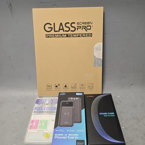 APPROXIMATELY 8 ASSORTED ITEMS TO INCLUDE - TORRAS STAND CASE , GLASS SCREEN PRO , AD POWER BANK ETC