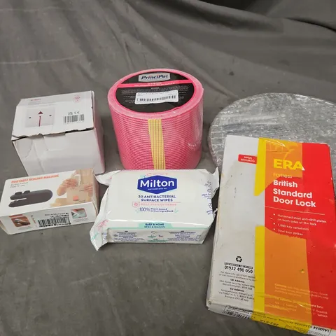 APPROXIMATELY 15 ASSORTED HOUSEHOLD ITEMS TO INCLUDE SURFACE WIPES, SEALING MACHINE, DOOR LOCK ETC 