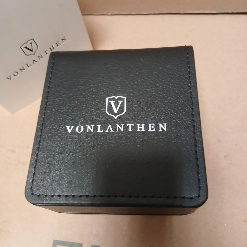 VONLANTHEN WRISTWATCH WITH GREEN DIAL, BROWN LEATHER STRAP – BOXED