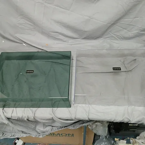 LENCO RECORD LIDS β SET OF 2 ACRYLIC DISPLAY CASES (CLEAR & GREEN-TINTED) A CAGE FULL OF LARGE QUANTITY .