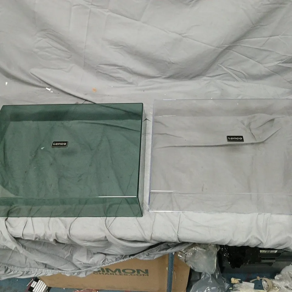LENCO RECORD LIDS  – SET OF 2 ACRYLIC DISPLAY CASES (CLEAR & GREEN-TINTED) A CAGE FULL OF LARGE QUANTITY .