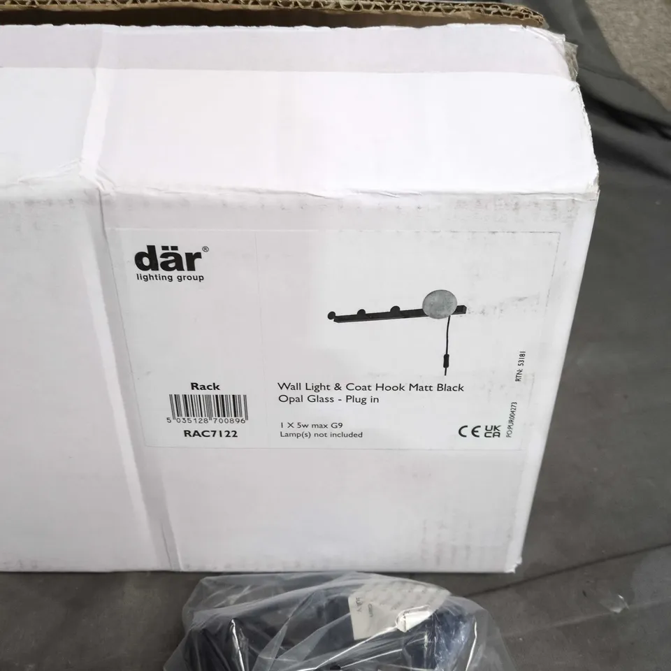 DÄR WALL LIGHT & COAT HOOK – MATT BLACK, OPAL GLASS, PLUG-IN (RAC7122) .