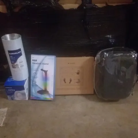 PALLET OF ASSORTED ITEMS INCLUDING SMALL LUGGAGE CASE, RGB HEADSET STAND, AIR DUCT, BABY PICTURE FRAME