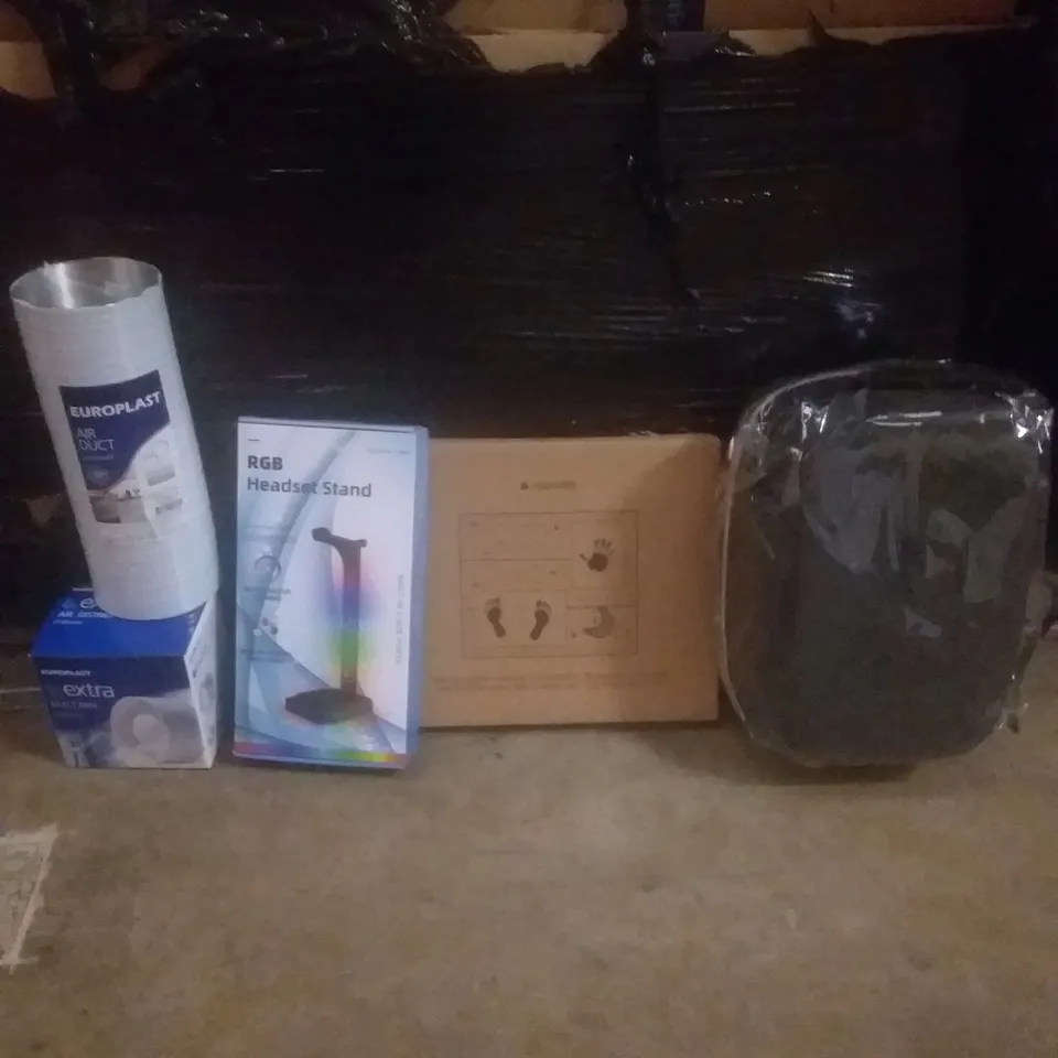 PALLET OF ASSORTED ITEMS INCLUDING SMALL LUGGAGE CASE, RGB HEADSET STAND, AIR DUCT, BABY PICTURE FRAME
