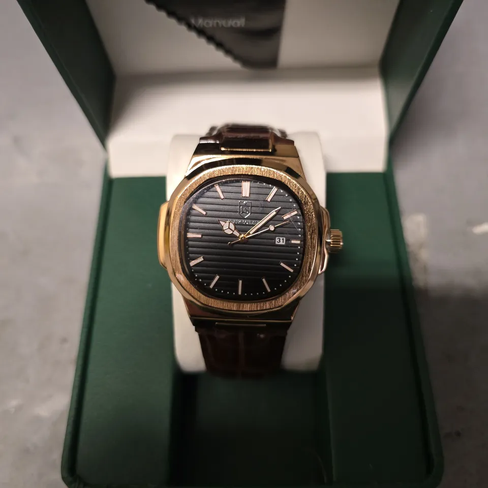 FRANK SCHMIDT WATCH – TEXTURED DIAL WITH DATE – LEATHER STRAP- MODEL: FSL AMBASSADOR – 3ATM WATER RESISTANT – GIFT BOX