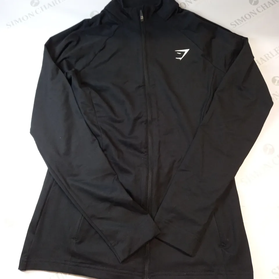 GYMSHARK ZIP THROUGH RUNNING TOP IN BLACK SIZE MEDIUM