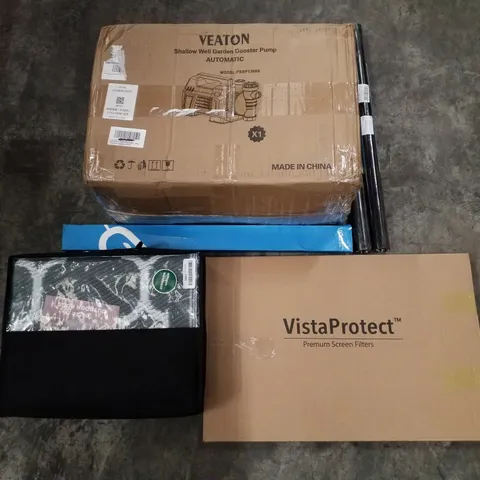 PALLET OF ASSORTED PRODUCTS INCLUDING SCREEN FILTERS, OUTDOOR RUGS, GARDEN BOOSTER PUMP, WINDOW FILM, CAR WINDSCREEN WIPERS 