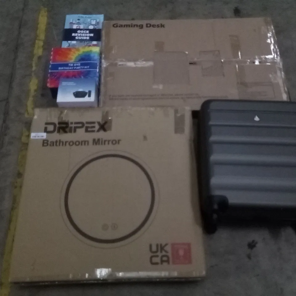 PALLET OF ASSORTED ITEMS INCLUDING GAMING DESK, BATHROOM MIRROR, SUITCASE, REMOTE NIGHT LIGHT PROJECTOR, TIE DYE BIRTHDAY PARTY KIT, OSCE REVISION BOOK 