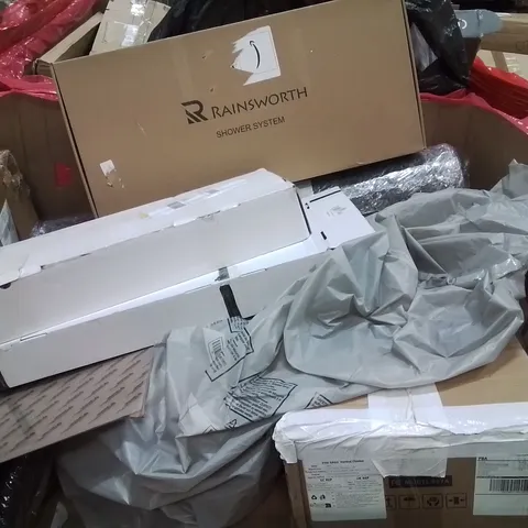 PALLET CONTAINING VARIOUS ASSORTED BOXED HOUSEHOLD ITEMS TO INCLUDE: AREA RUG, SHOWER SYSTEMS, VERTICAL CLIMBING STAIR STEPPER AND LOTS MORE UNMARKED BOXED ITEMS