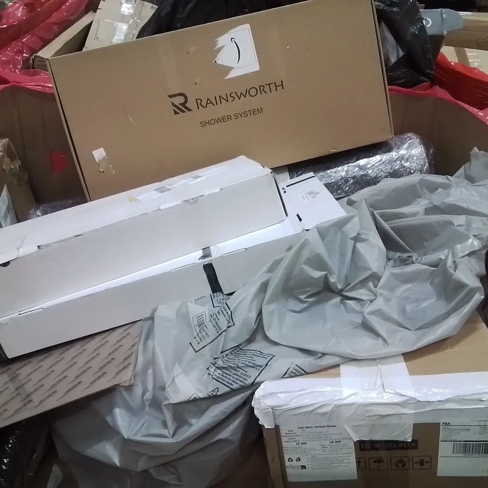 PALLET CONTAINING VARIOUS ASSORTED BOXED HOUSEHOLD ITEMS TO INCLUDE: AREA RUG, SHOWER SYSTEMS, VERTICAL CLIMBING STAIR STEPPER AND LOTS MORE UNMARKED BOXED ITEMS