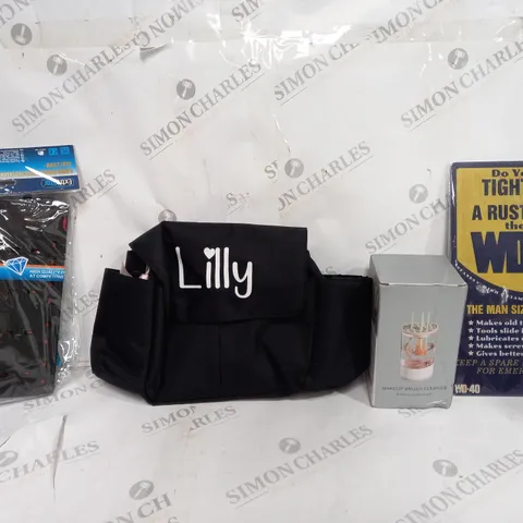 BOX OF APPROXIMATELY 8 ASSORTED ITEMS TO INCLUDE - LILLY BAG - WD-40 SIGN - MAKEUP CLEANING BRUSH ECT