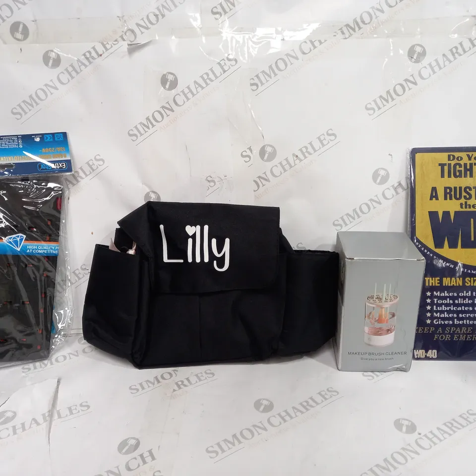 BOX OF APPROXIMATELY 8 ASSORTED ITEMS TO INCLUDE - LILLY BAG - WD-40 SIGN - MAKEUP CLEANING BRUSH ECT