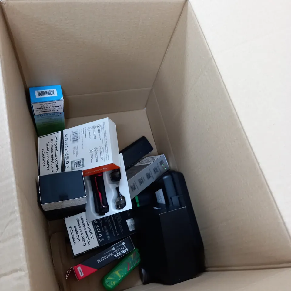 BOX OF APPROXIMATELY 25 ASSORTED VAPING PRODUCTS - SOME MAY NOT TURN ON 