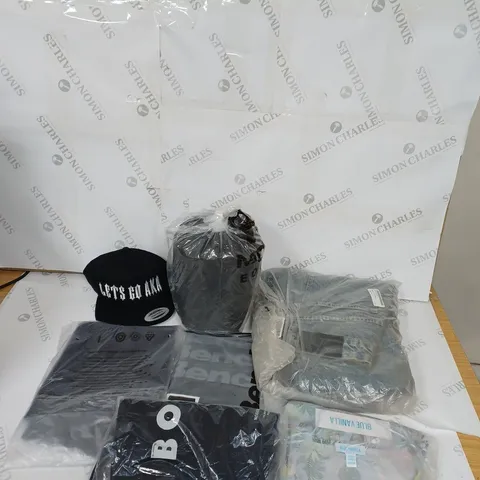 LARGE BOX OF ASSORTED CLOTHING ITEMS IN VARIOUS COLOURS AND SIZES INCLUDING TROUSERS , TOPS AND JUMPERS 