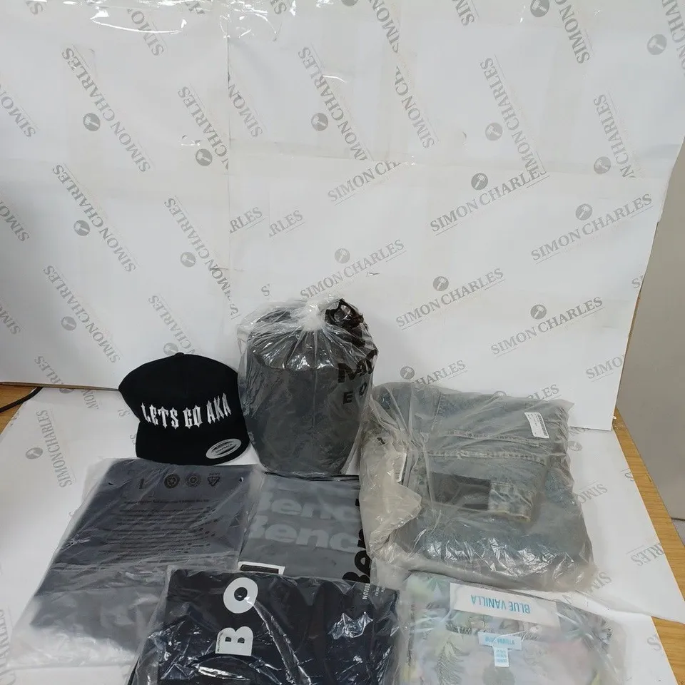LARGE BOX OF ASSORTED CLOTHING ITEMS IN VARIOUS COLOURS AND SIZES INCLUDING TROUSERS , TOPS AND JUMPERS 