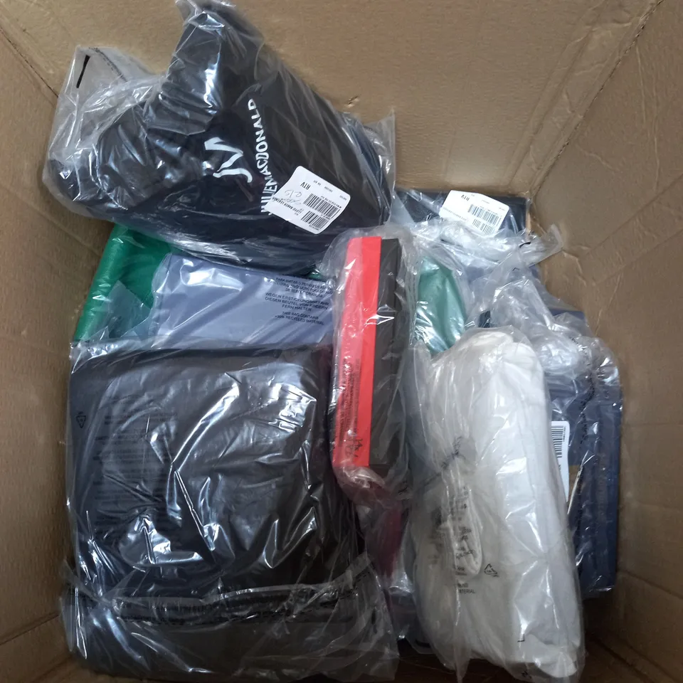 LARGE BOX OF APPROX. 20 ASSORTED CLOTHING ITEMS TOO INCLUDE HANDBAGS AND PURSES 