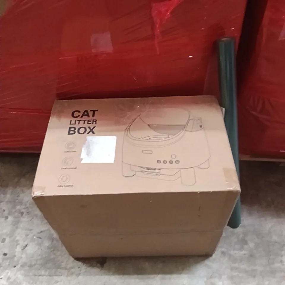 PALLET OF ASSORTED ITEMS INCLUDING - CAT BOX, WRAPPING PAPER, DRAWERS 