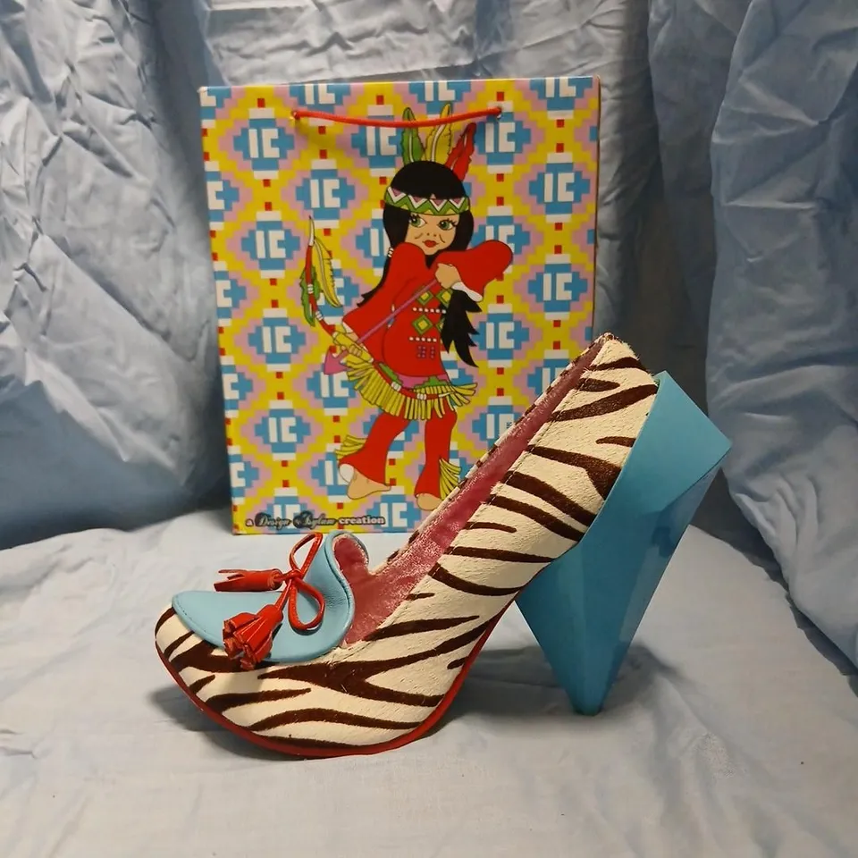IRREGULAR CHOICE WOMEN'S ZEBRA PRINT HIGH HEEL SHOES – BLUE TOE CAP, RED TASSELS (UK 6.5 / EU 39)