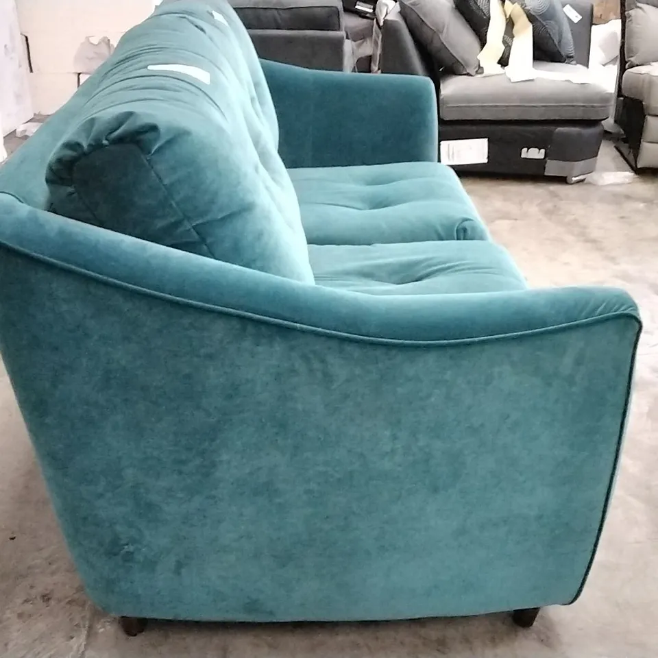 QUALITY BRITISH DESIGNER G PLAN MANUFACTURED NANCY SMALL SOFA - MATT VELVET TEAL FABRIC 