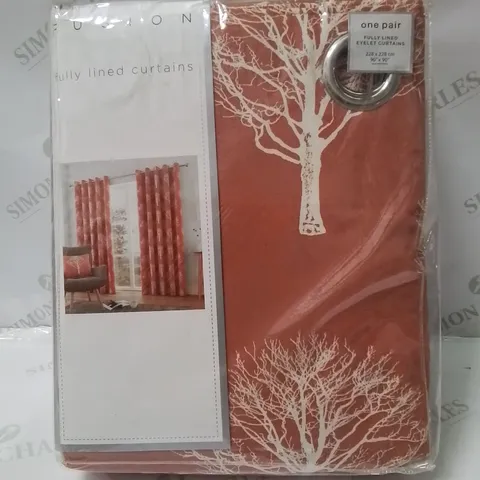 BRAND NEW FUSION FULLY LINED EYELET CURTAINS 228 X 228CM -WODLAMD TREES- [PAPRIKA]