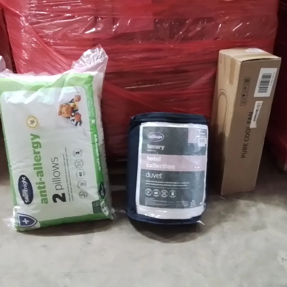 PALLET OF ASSORTED HOUSEHOLD GOODS AND PRODUCTS TO INCLUDE;PURE COOL FAN,LUXURY HOTEL COLLECTION DUVET,SILENTNIGHT PILLOWS