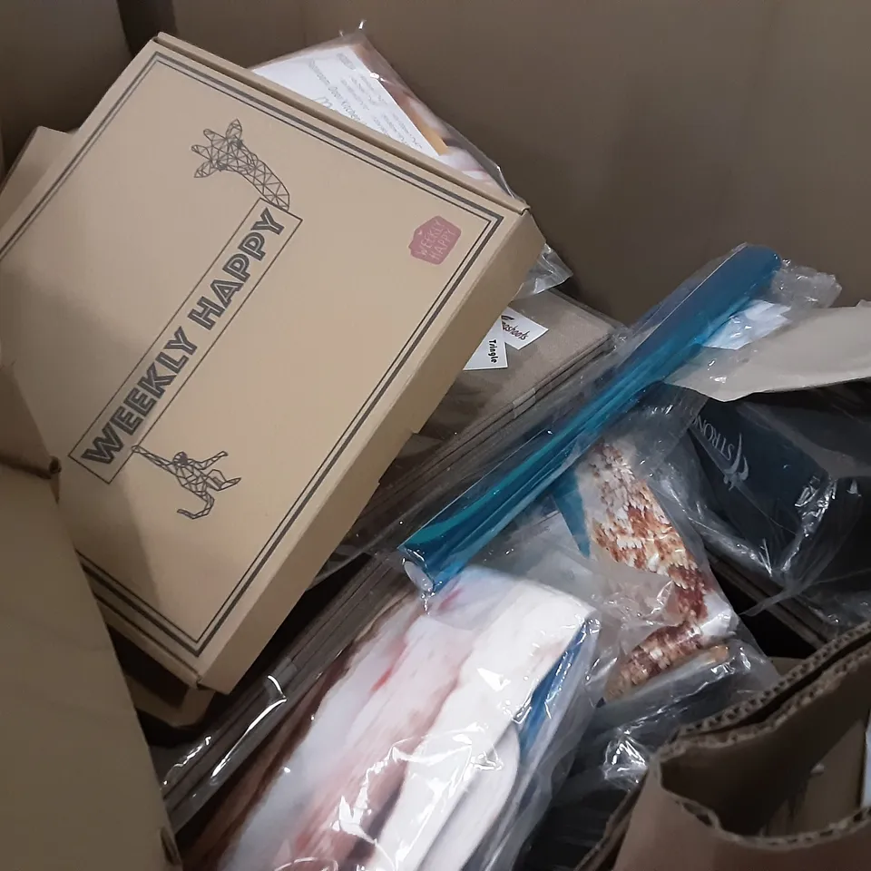 PALLET OF ASSORTED PRODUCTS INCLUDING WEEKLY HAPPY, CONCH BEACH MAT, COMMODA VANITY LIGHT, INCLINE STRETCH WEDGE, LADIES LEATHER SHOULDER STRAP, TOY STORAGE CHESTS 