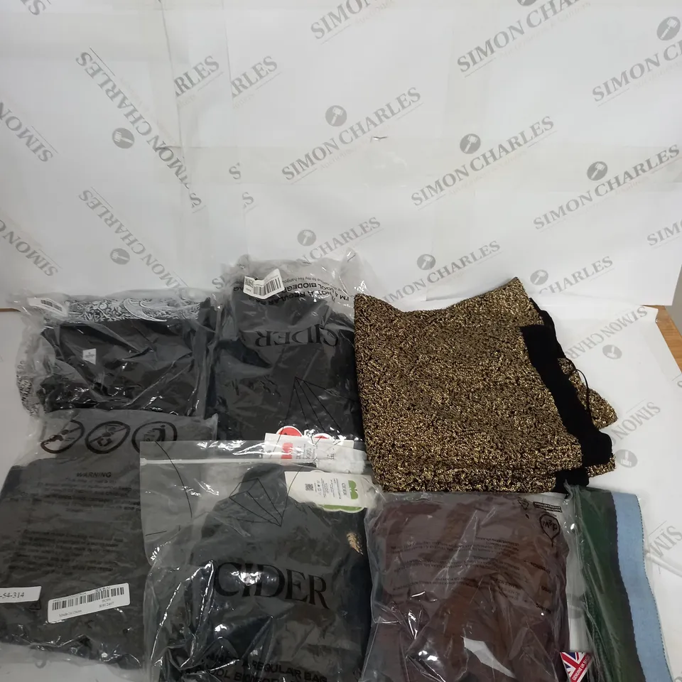 LARGE BOX OF ASSORTED CLOTHING ITEMS IN VARIOUS COLOURS AND SIZES INCLUDING TROUSERS , TOPS AND JUMPERS 