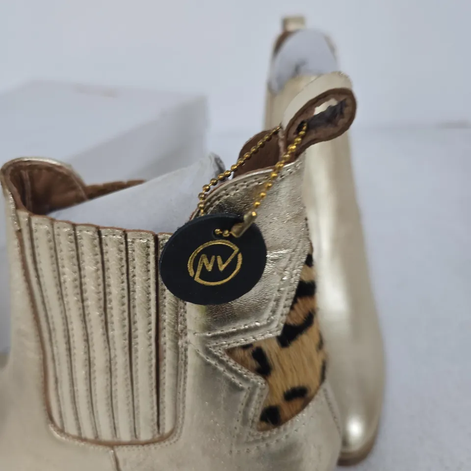 WOMEN'S METALLIC GOLD ANKLE BOOTS WITH LEOPARD PRINT PANEL – UK SIZE 6