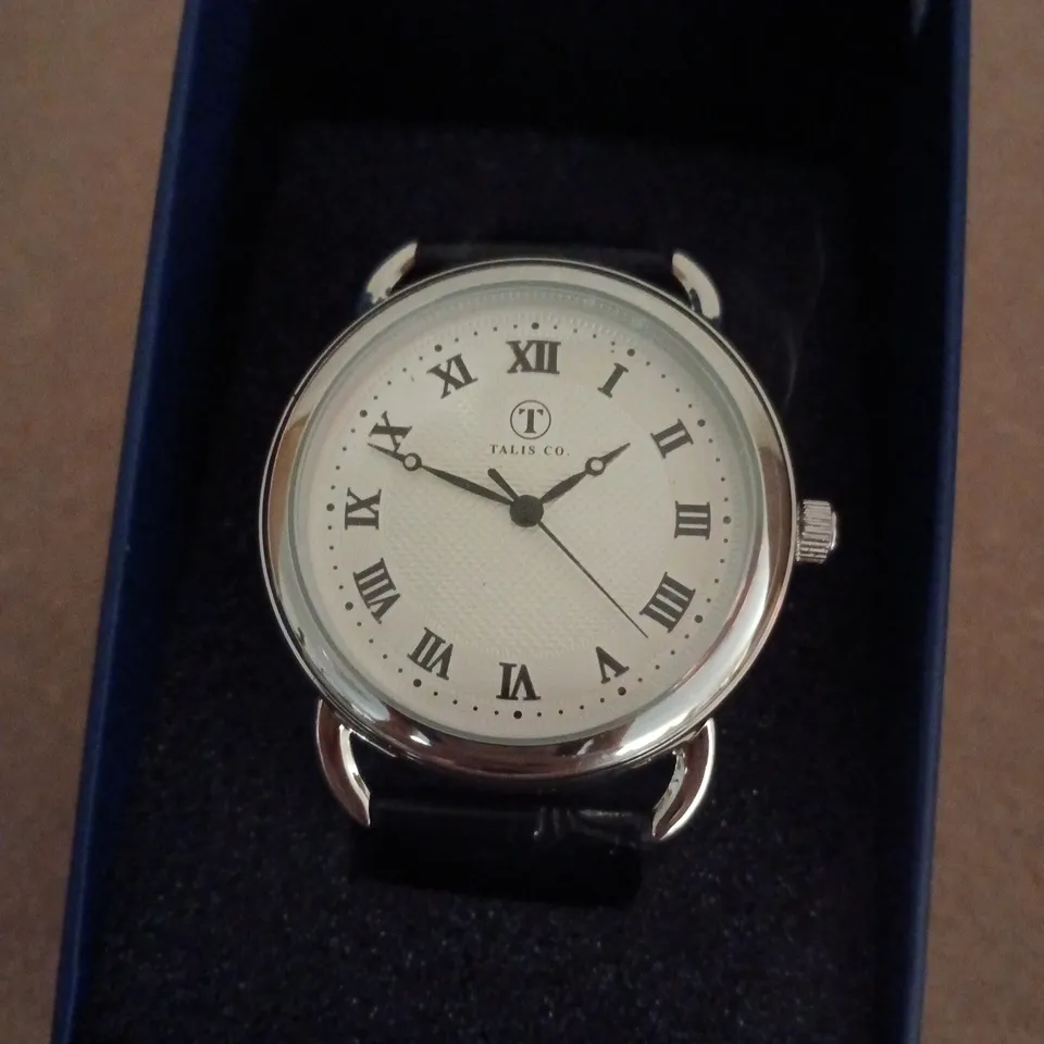 TALIS CO WRISTWATCH WITH WHITE DIAL & BLACK LEATHER STRAP