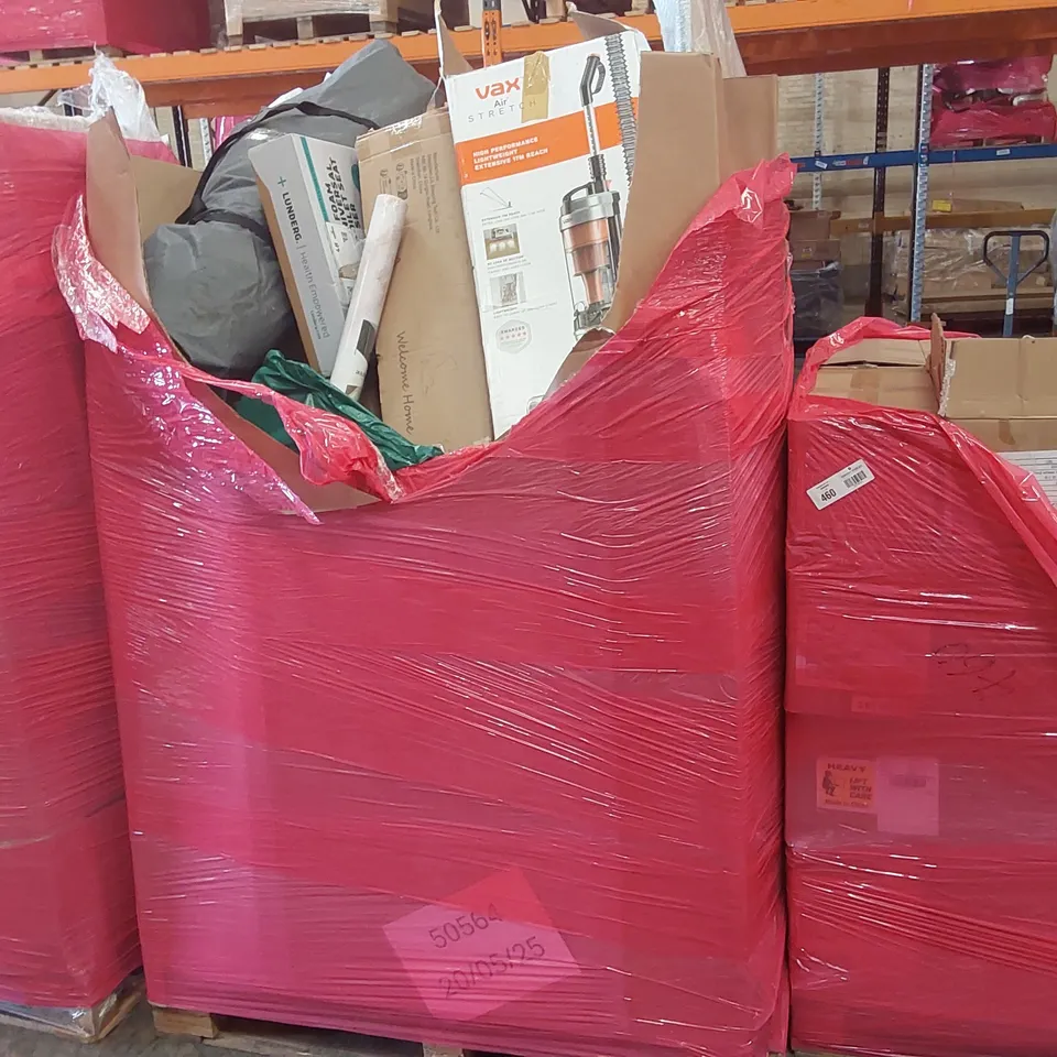 PALLET OF ASSORTED ITEMS INCLUDING: PORCELAIN SINK, VAX AIR STRETCH VACUUM, FOAM UNIVERSAL TOILET SEAT, CANOPY, PICTURE FRAME ECT