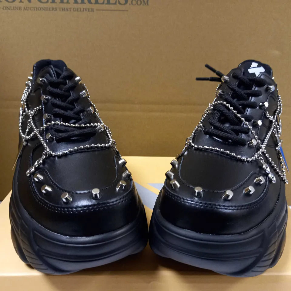 KOI BLACK BLUNT SPIKE/CHAIN DETAILED FLATFORM TRAINERS - SIZE 6