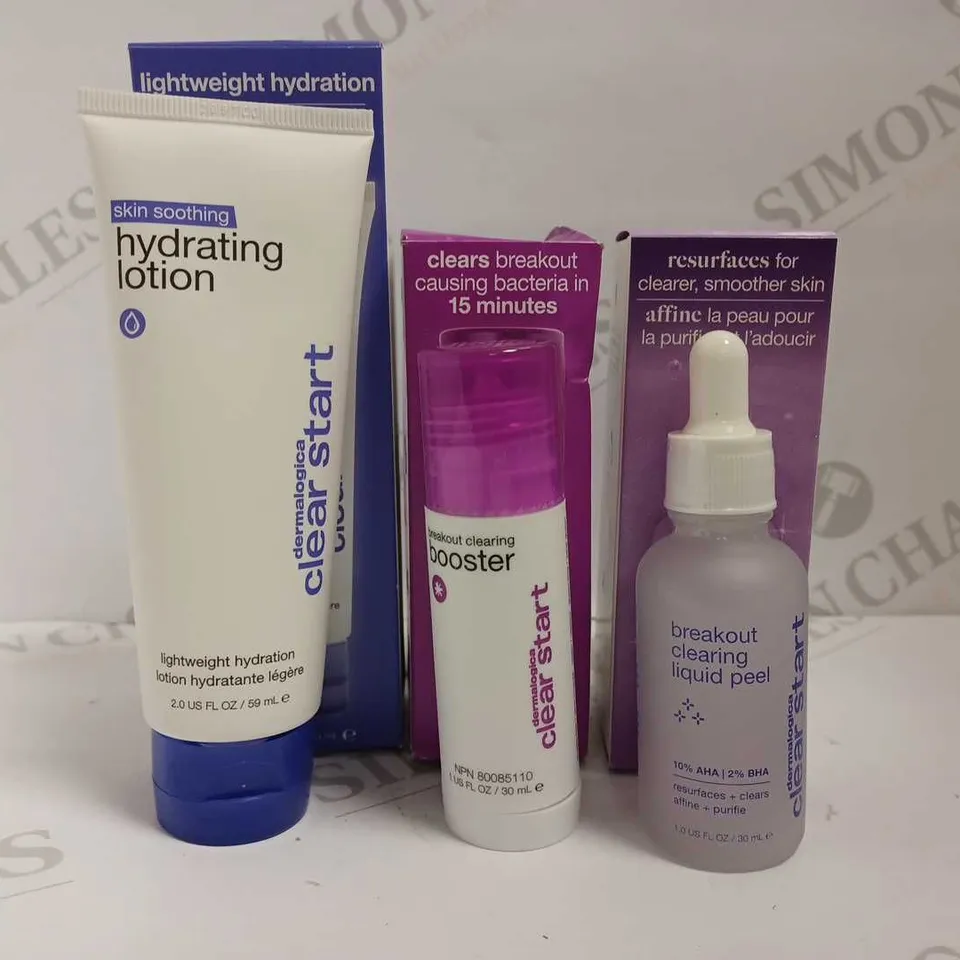 3 DERMALOIGCA CLEAR START ITEMS TO INCLUDE LIGHTWEIGHT HYDRATION LOTION, BREAKOUT CLEARING BOOSTER AND BREAKOUT CLEARING LIQUID PEEL