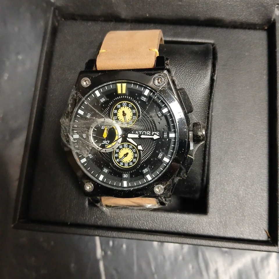LATOR CALIBRE CHRONOGRAPH WATCH – BLACK DIAL, YELLOW SUBDIALS, TAN STRAP (BOXED)
