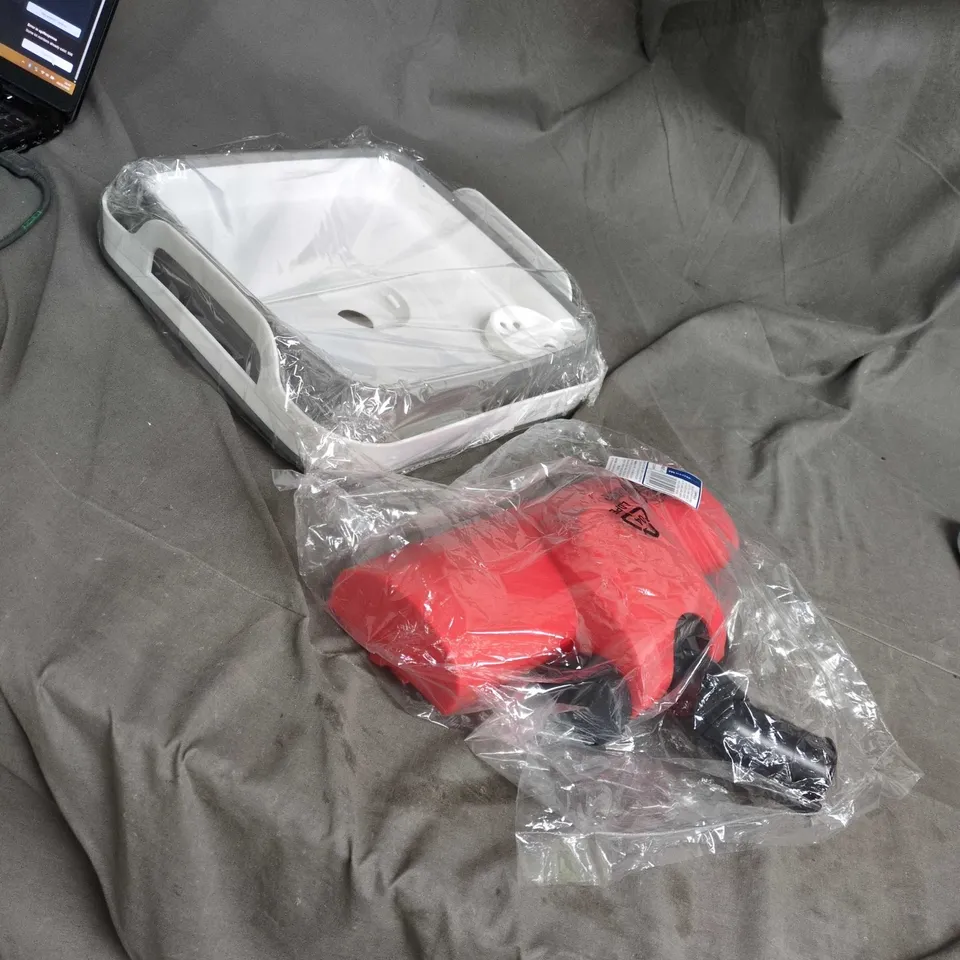 RED HANDHELD TOOL WITH WHITE TRAY ACCESSORY BOX FULL OF HOUSEHOLD  OF HOUSEHOLD ITEMS