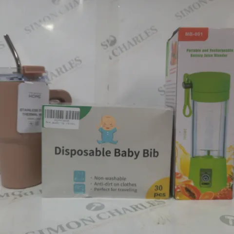 BOX OF APPROXIMATELY 20 ASSORTED HOUSEHOLD ITEMS TO INCLUDE BATTERY JUICE BLENDER, DISPOSABLE BABY BIB, STAINLESS STEEL THERMAL MUG, ETC