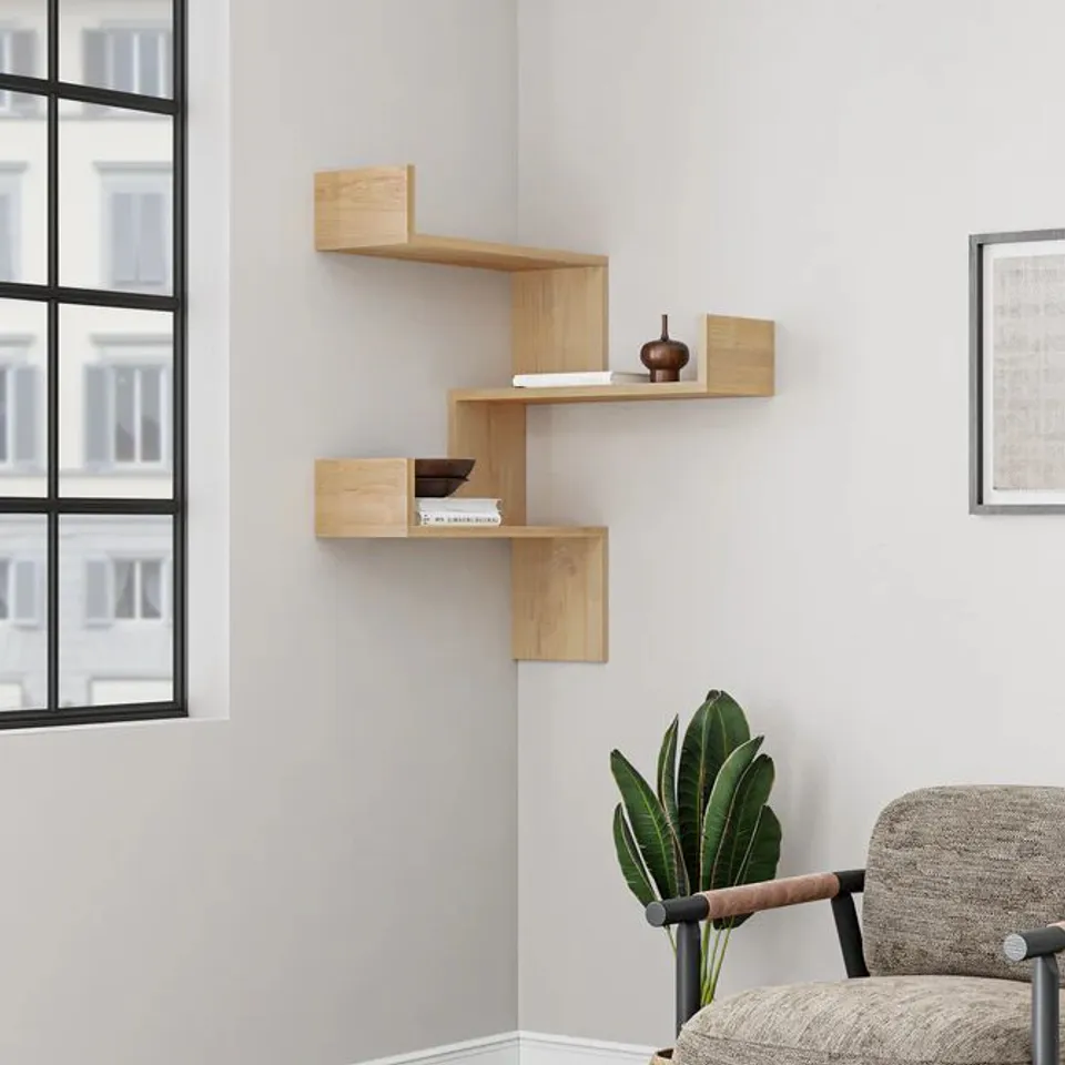 BOXED LUKSA CORNER WALL MOUNTED MODERN BOOKCASE DISPLAY UNIT - SAPPHIRE OAK