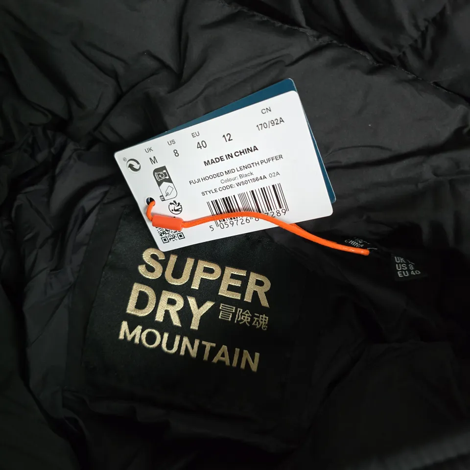 SUPERDRY FUJI HOODED MID LENGTH PUFFER IN BLACK - UK MEDIUM