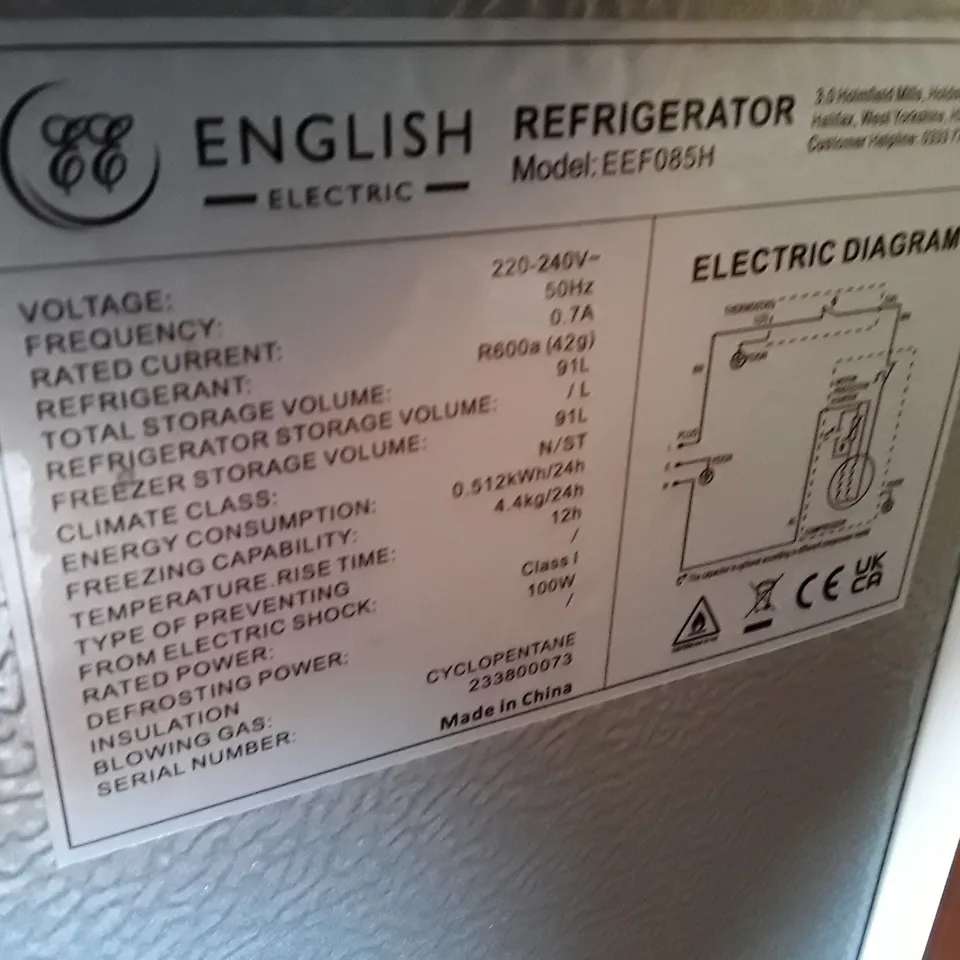 ENGLISH ELECTRIC UNDER COUNTER FREEZER WHITE EEF085H