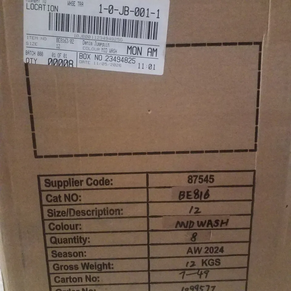 BOX CONTAINING APPROXIMATELY 8 BRAND NEW SIMPLY BE DENIM MID WASH JUMPSUITS - SIZE 12