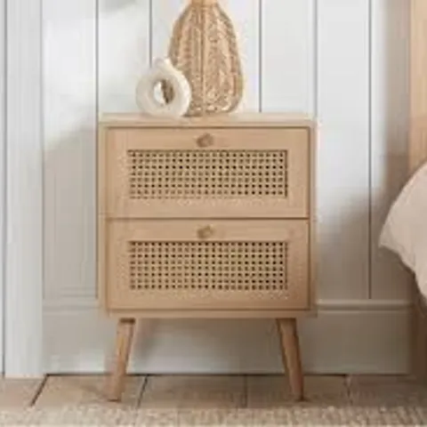 BOXED WOODEN BEDSIDE CHEST OF RATTAN DRAWERS - LIGHT OAK (1 BOX)
