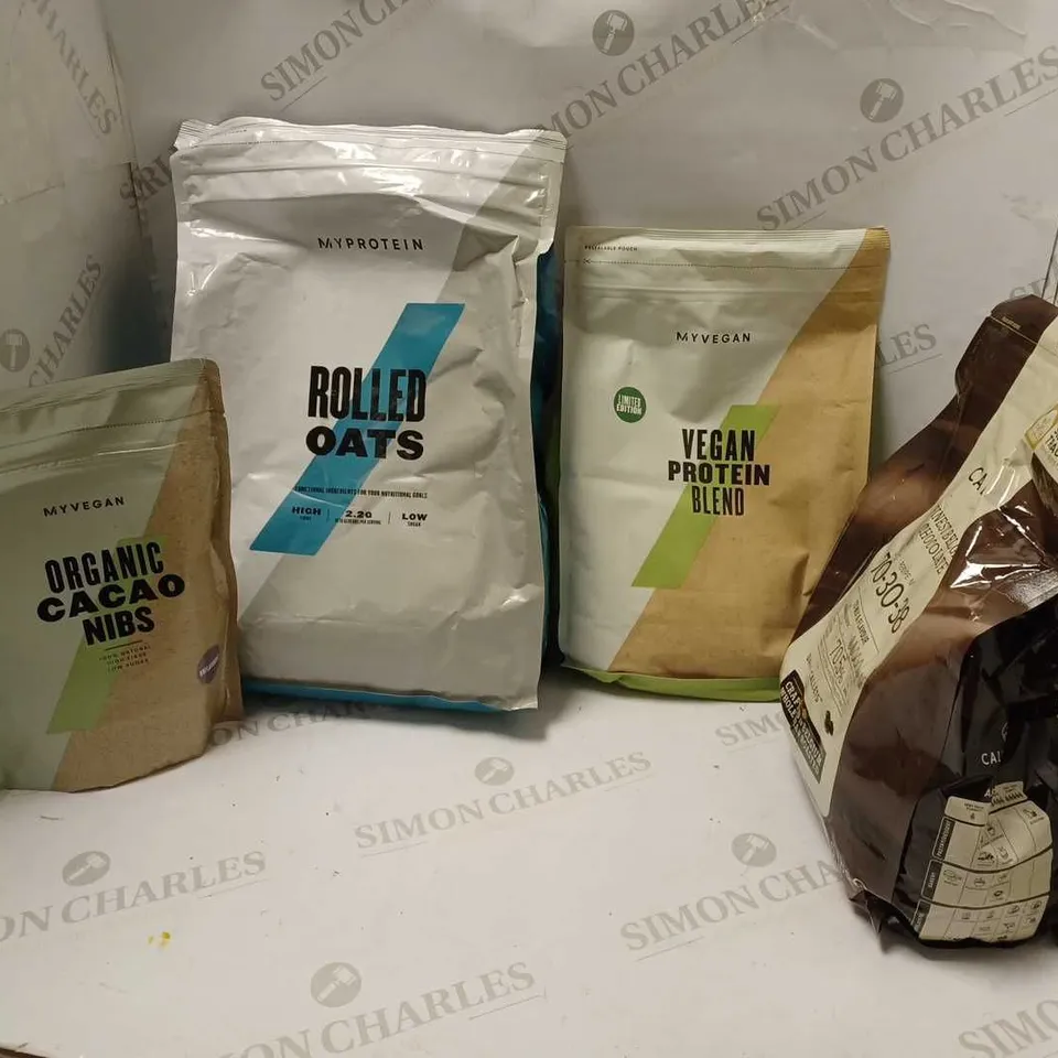 LOT OF APPROXMATELY 4 ITEMS TO INCLUDE CALLEBAUT BELGIAN CHOCOLATEDARK PELLETS COFFEE (2.5KG), MY VEGAN ORGANIC CACAO NIBS UNFLAVOURED (300g), MY PROTEIN ROLLED OATS (2.5kg), ETC