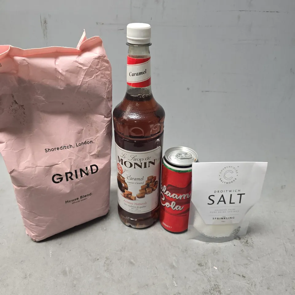 APPROXIMATELY 12 ASSORTED FOOD & DRINK ITEMS TO INCLUDE - GRIND HOUSE BLEND , DROITWICH SALT ETC