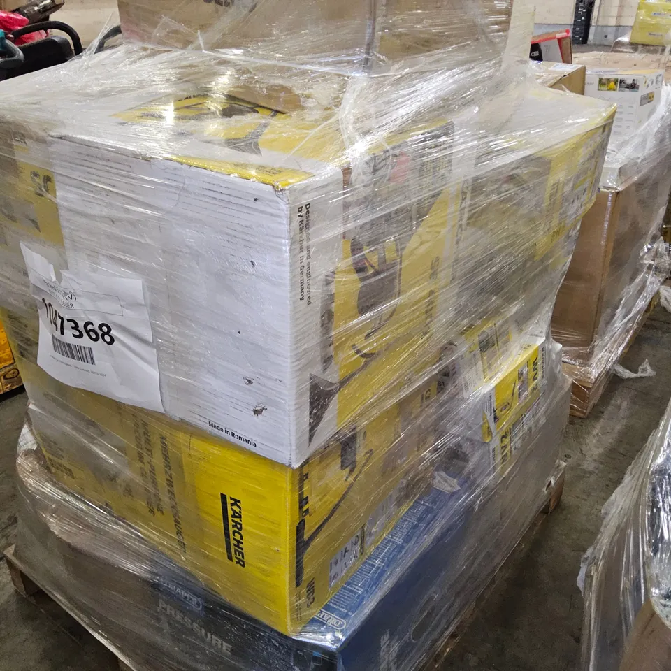 PALLET OF APPROXIMATELY 32 UNPROCESSED RAW RETURN KARCHER, DRAPER AND BOSCH PRESSURE WASHERS AND ELECTRICAL CLEANING GOODS TO INCLUDE;