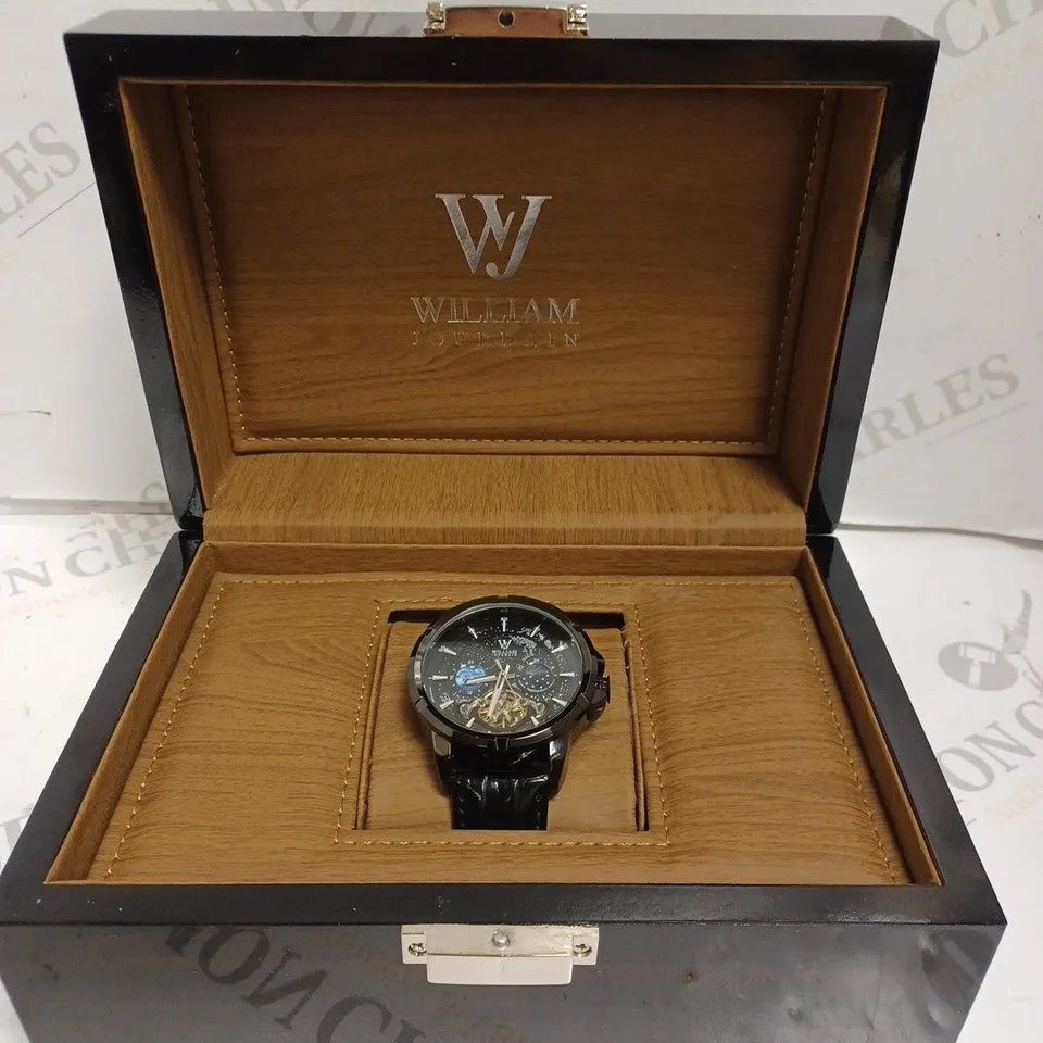 MENS WILLIAM JOURDAIN AUTOMATIC 2580 WATCH – OPEN HEART MOVEMENT WITH SUB DIALS – GLASS EXHIBITION BACK CASE – BLACK GENUINE LEATHER STRAP