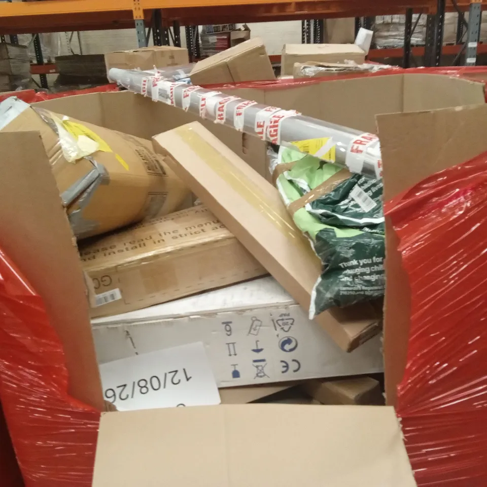 PALLET OF ASSORTED HOUSEHOLD GOODS AND PRODUCTS TO INCLUDE; BLINDS, BOXED FURNITURE, E-COMMERCE GOODS ETC