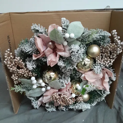 BOXED DECORATIVE WINTER ROSE LIT CHRISTMAS WREATH