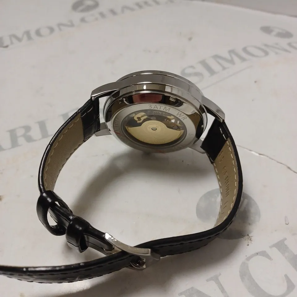 MENS VONLANTHEN AUTOMATIC WATCH – SILVER AND BLUE TEXTURED DIAL - GLASS EXHIBITION BACKCASE – BLACK LEATHER STRAP