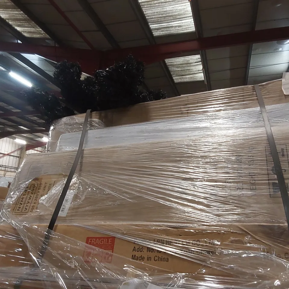 PALLET CONTAINING A LARGE QUANTITY OF ASSORTED FURNITURE ITEMS INCLUDING: RUGS, SHOE RACK, VINYL FLOORING ECT