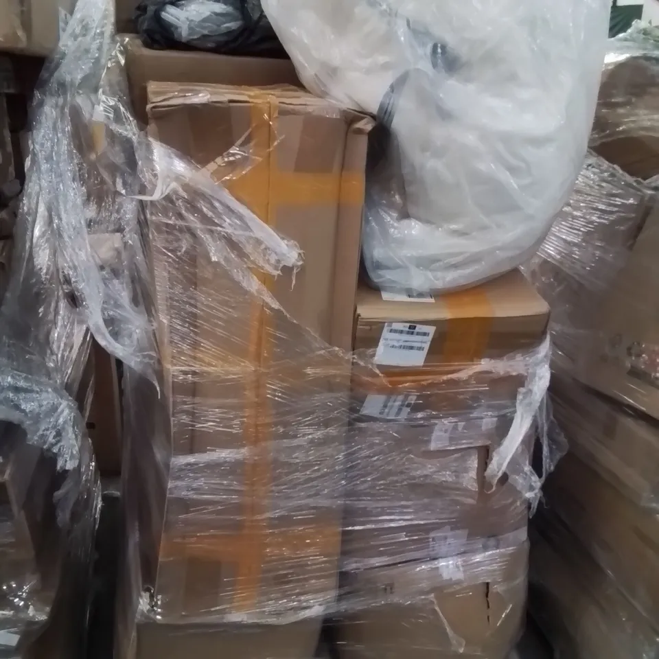 PALLET CONTAINING LARGE QUANTITY OF ASSORTED BOXED HOUSEHOLD PRODUCTS INCLUDING: LARGE CHILD'S PLAYPEN, SMART BATHROOM MIRROR CABINET, WEIGHTS ETC. 