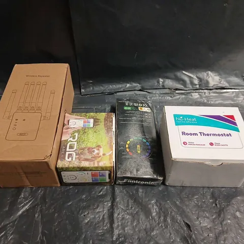 TOTE OF APPROX 10 ASSORTED ITEMS TO INCLUDE ROOM THERMOSTAT, WIRELESS REAPTER AND FLINTRONIC 